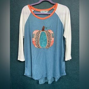 NWT Southern Grace XL Blue and White Raglan Shirt with Pumpkin Design